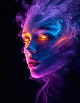 The primary subject of the image is a woman with glowing eyes, which are yellow. She is surrounded by a purple and blue haze, giving the scene a surreal and dreamy atmosphere. The visual style of the image is digital art, as it appears to be a digital painting or illustration. The colors and mood of the image are predominantly purple and blue, with the woman's glowing eyes adding a touch of warmth and intensity to the overall composition.